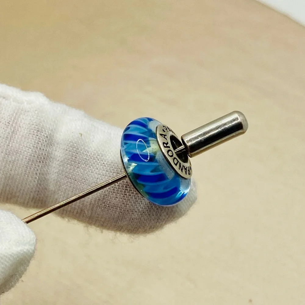 EUC Pandora 790611 Striped Teal & Blue Murano Glass Charm